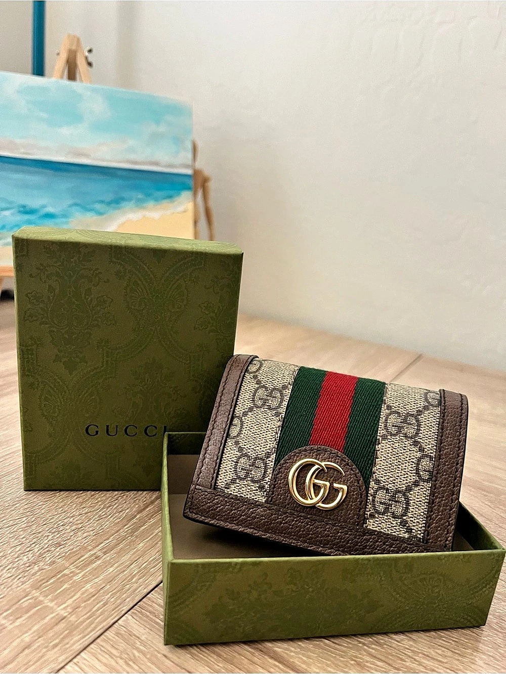 Gucci Ophidia GG Card Case Wallet in Brown & Green